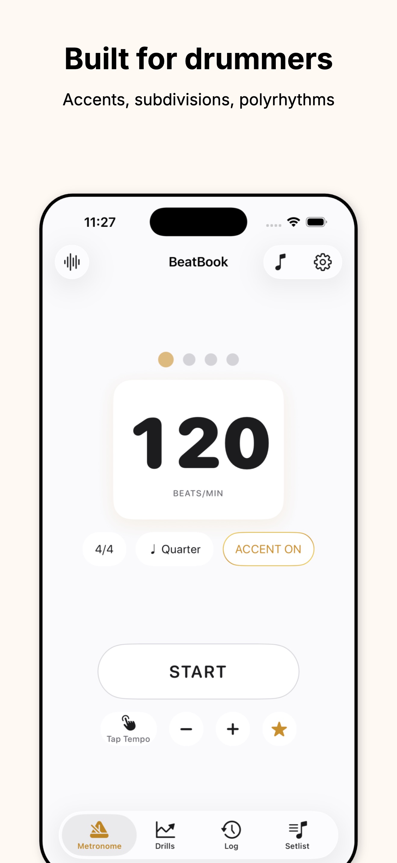BeatBook metronome screen set to 120 BPM in 4/4 with quarter note subdivision and accent on