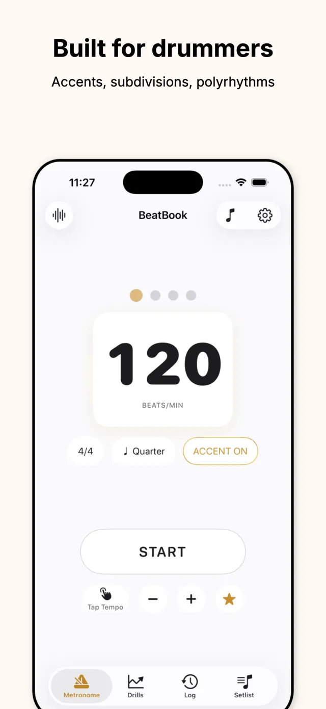 BeatBook metronome screen set to 120 BPM in 4/4 with quarter note subdivision and accent on