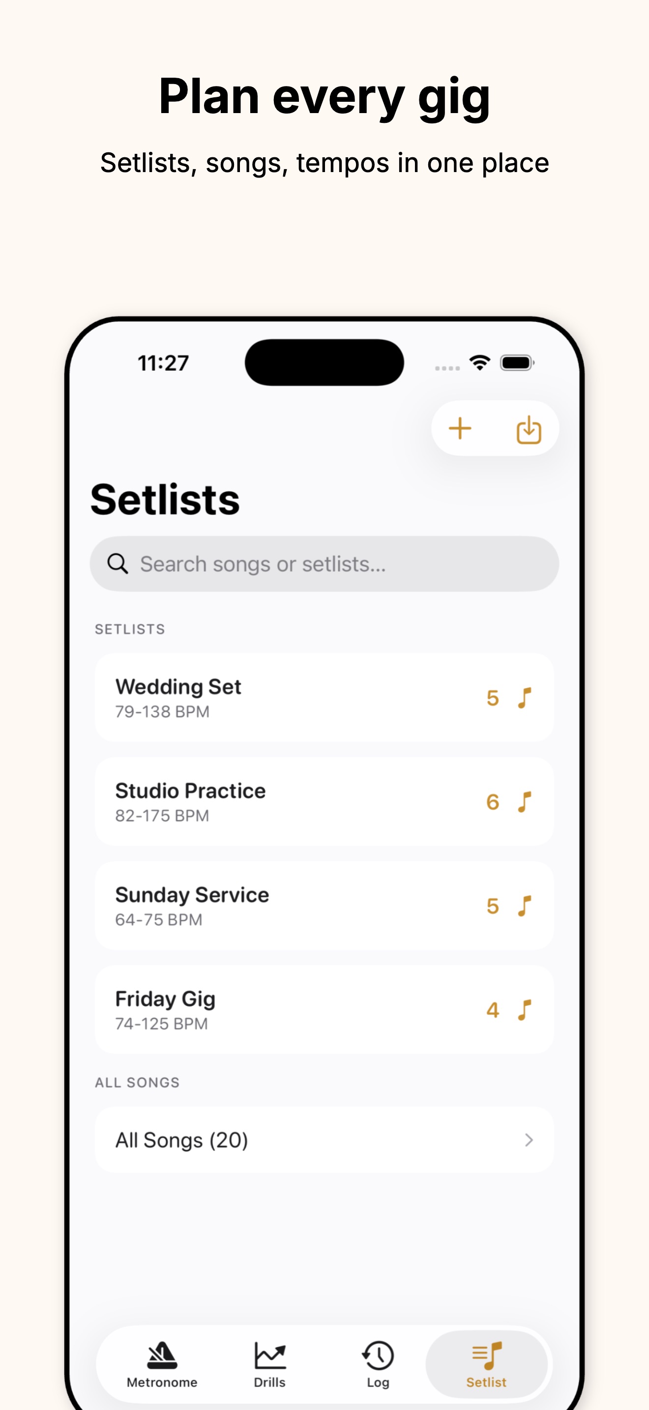BeatBook setlists screen listing Wedding Set, Studio Practice, Sunday Service, and Friday Gig with song counts and tempo ranges
