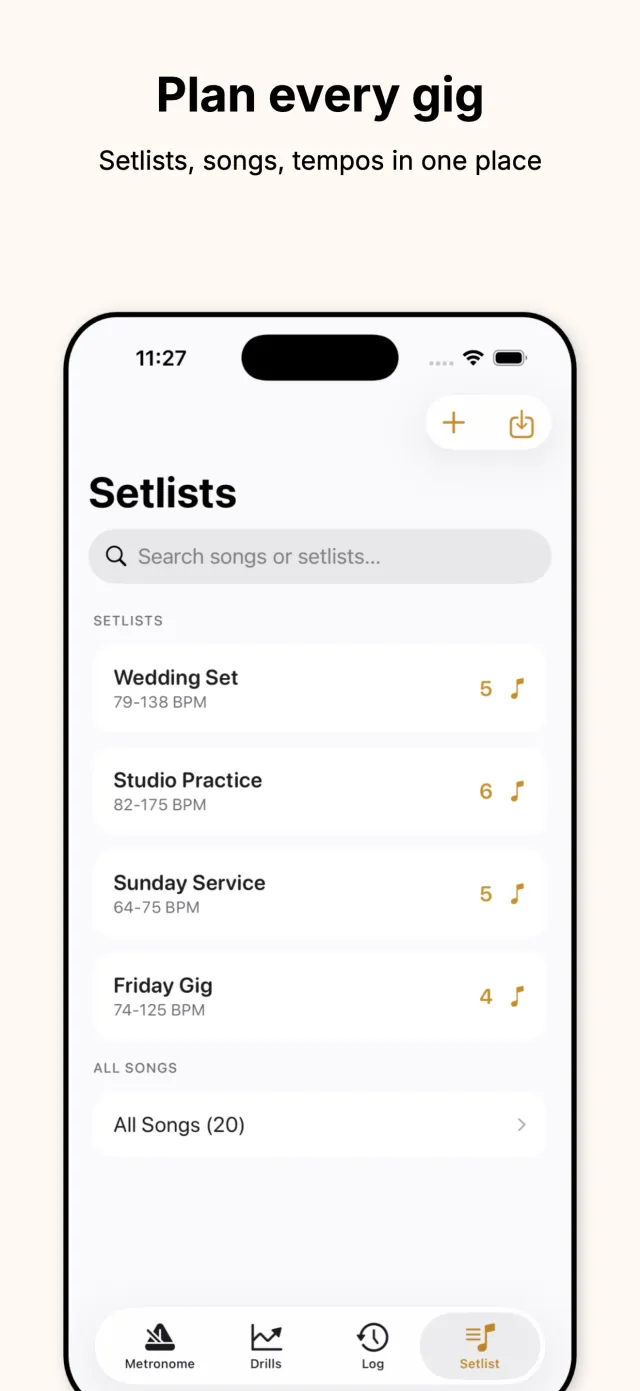 BeatBook setlists screen listing Wedding Set, Studio Practice, Sunday Service, and Friday Gig with song counts and tempo ranges