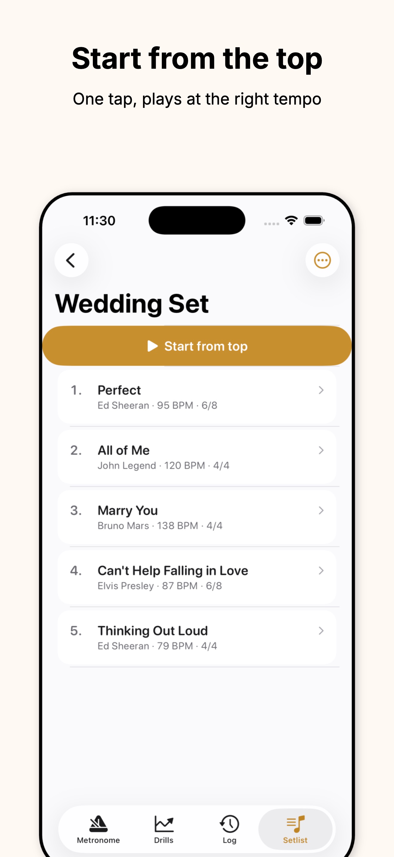 BeatBook Wedding Set detail screen with a Start from top button and five songs listed with tempo and time signature