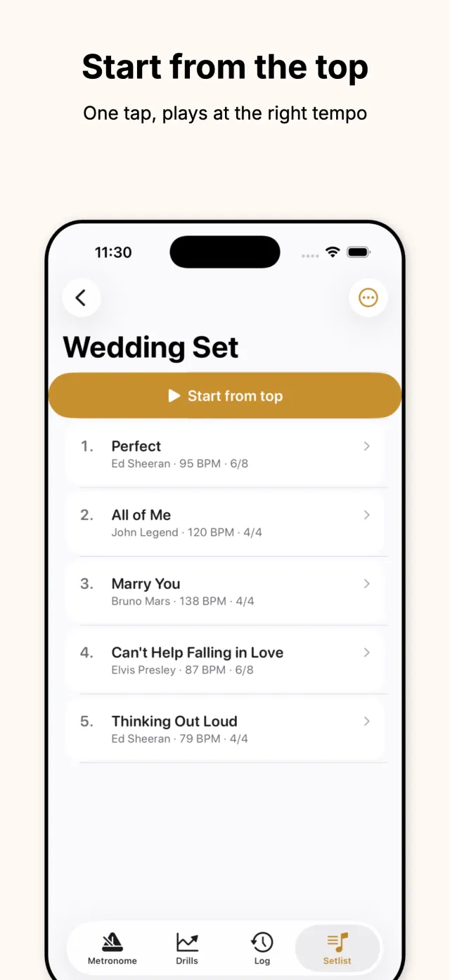 BeatBook Wedding Set detail screen with a Start from top button and five songs listed with tempo and time signature
