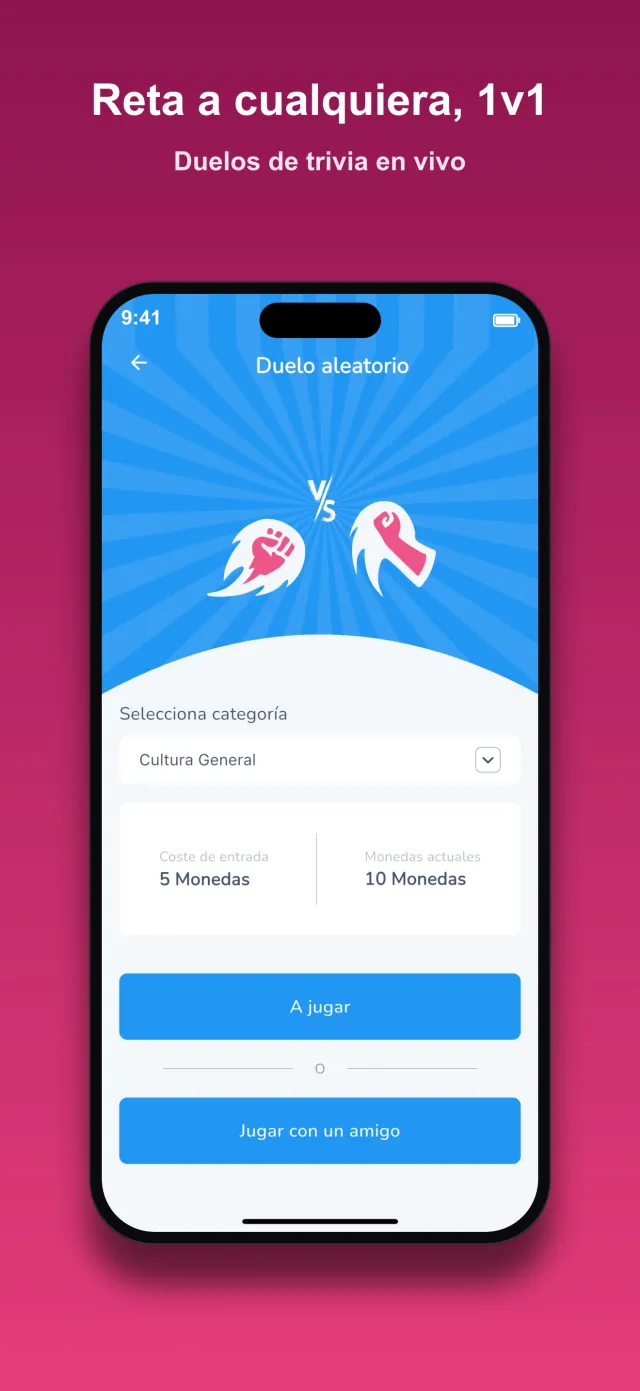 Pantalla de duelo uno contra uno, con la categoría elegida y la apuesta en monedas