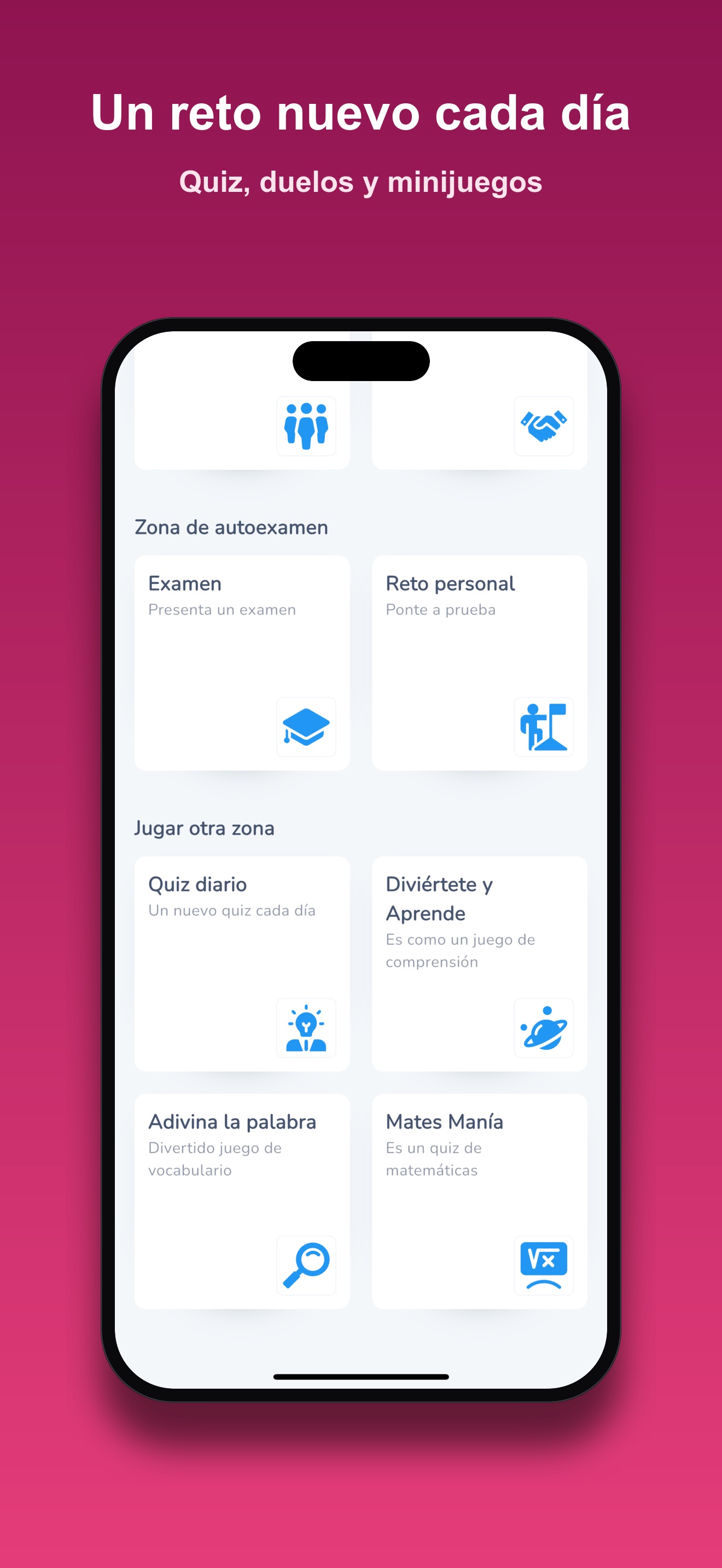 Vista de los modos de juego: zona de quiz en solitario, duelos, reto diario y minijuegos