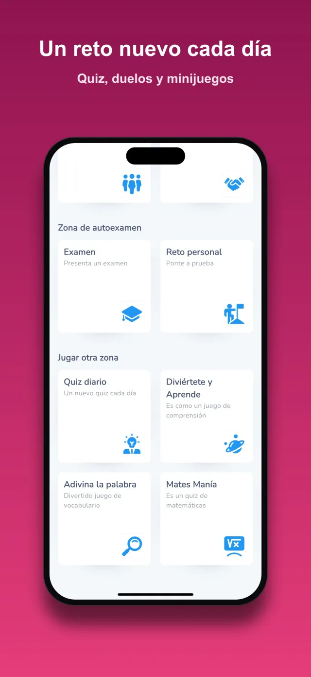 Vista de los modos de juego: zona de quiz en solitario, duelos, reto diario y minijuegos