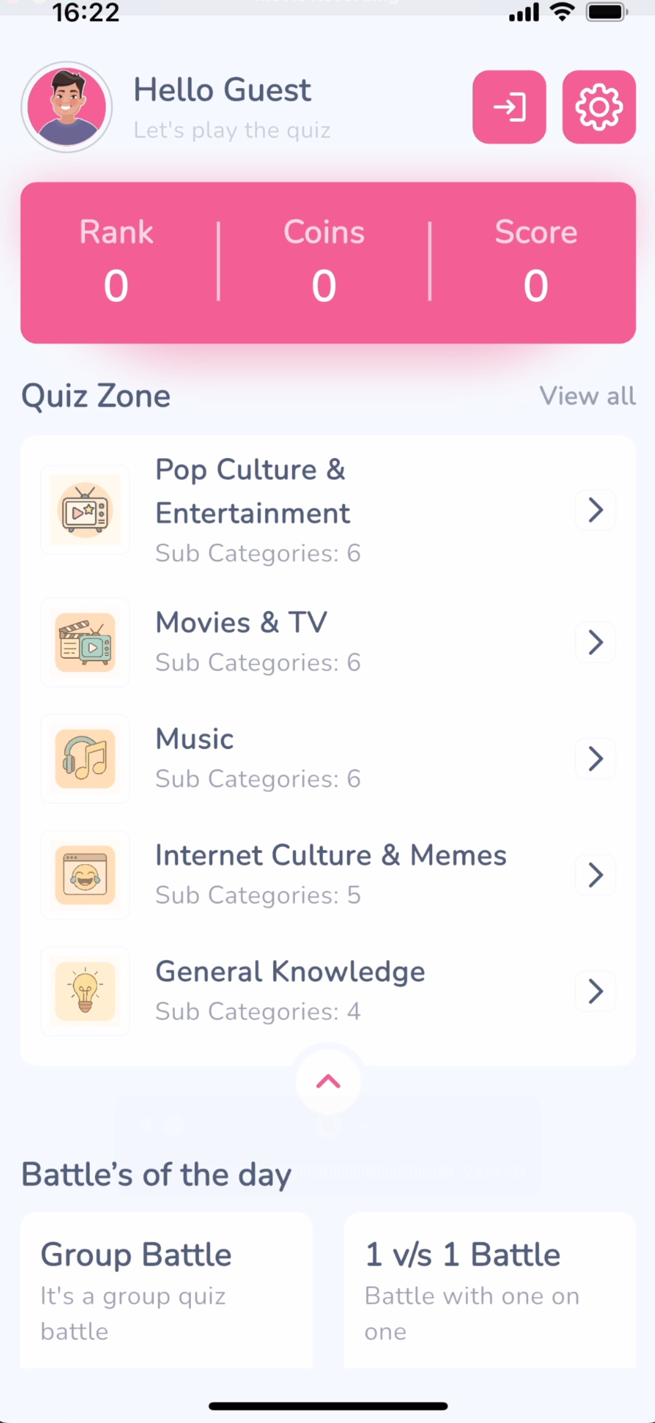 Brainiac home screen with rank, coins and score at the top and the Quiz Zone category list below, including Pop Culture and Entertainment, Movies and TV, Music, Internet Culture and Memes, and General Knowledge