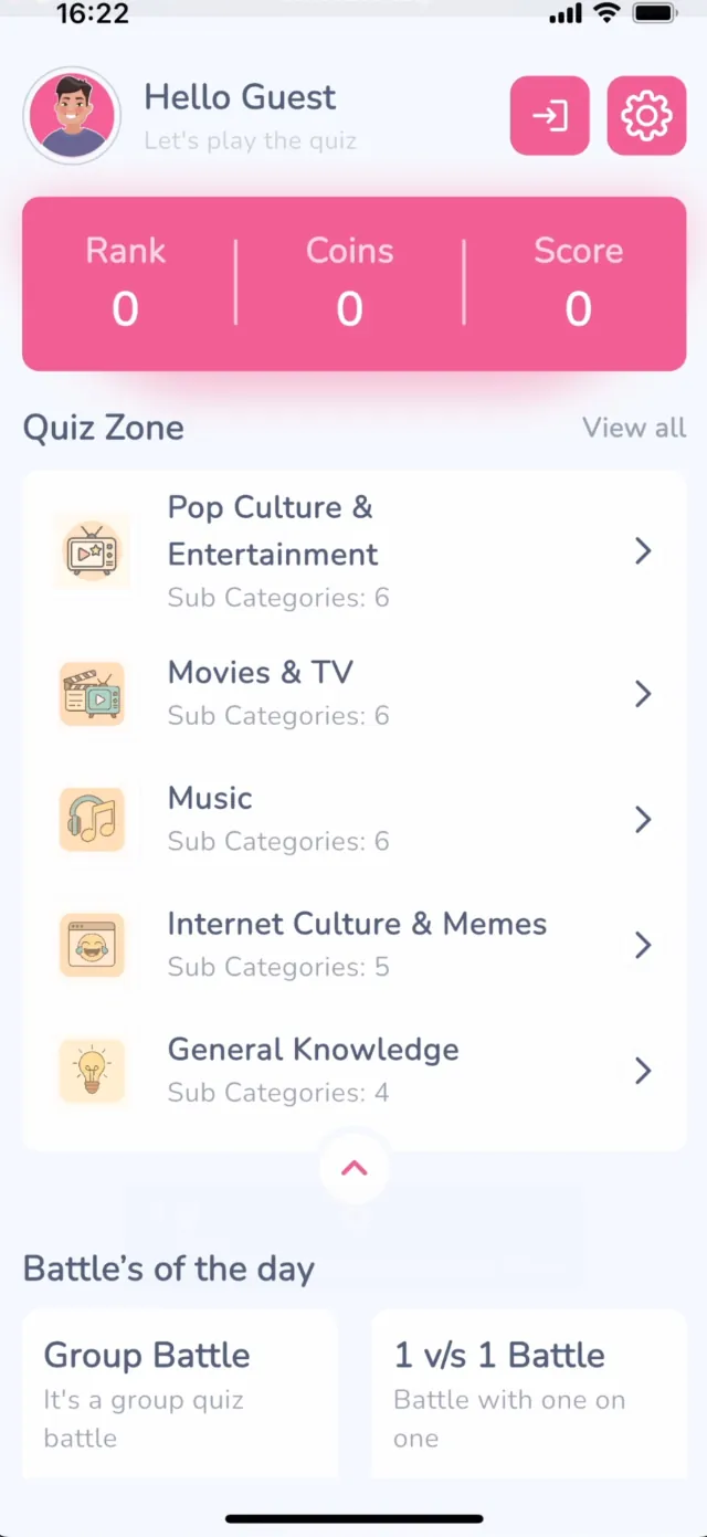 Brainiac home screen with rank, coins and score at the top and the Quiz Zone category list below, including Pop Culture and Entertainment, Movies and TV, Music, Internet Culture and Memes, and General Knowledge