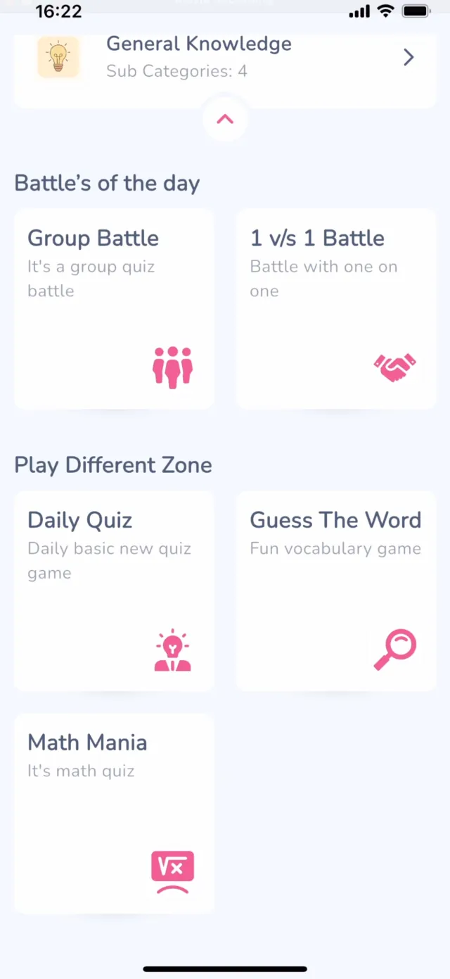 Brainiac Battles of the Day and Play Different Zone sections, with Group Battle, 1 v/s 1 Battle, Daily Quiz, Guess the Word and Math Mania modes