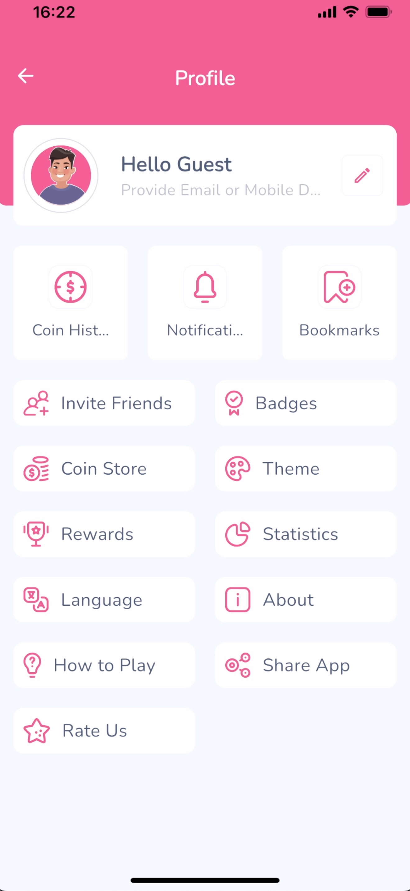 Brainiac profile screen with Coin History, Notifications, Bookmarks, Invite Friends, Badges, Coin Store, Theme, Rewards, Statistics, Language and About