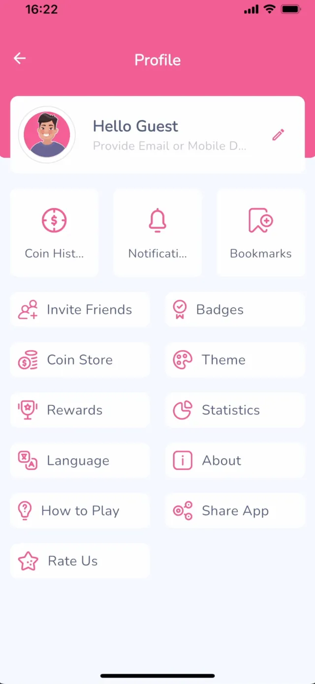 Brainiac profile screen with Coin History, Notifications, Bookmarks, Invite Friends, Badges, Coin Store, Theme, Rewards, Statistics, Language and About