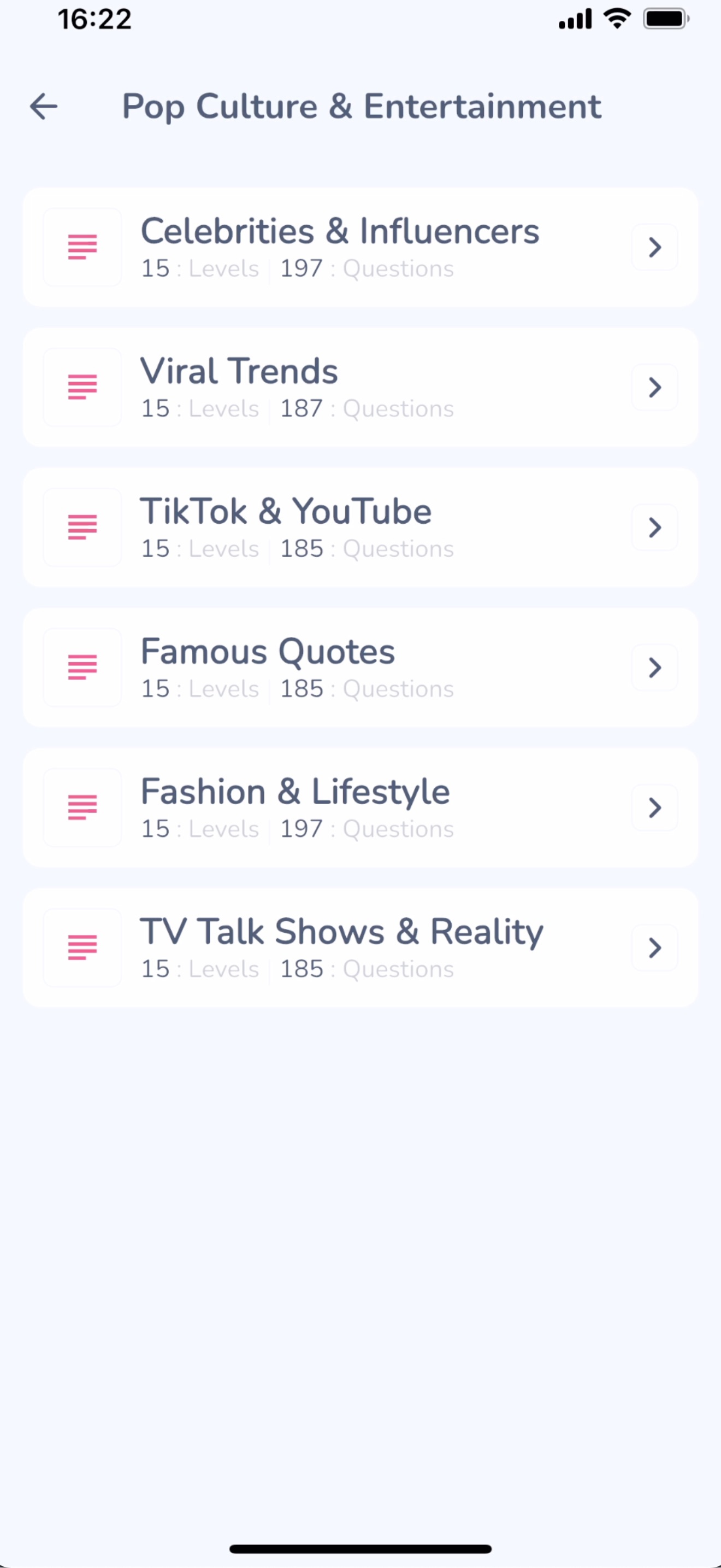 Brainiac Pop Culture and Entertainment category detail, listing topic packs including Celebrities and Influencers, Viral Trends, TikTok and YouTube, and Famous Quotes, each with its level and question count