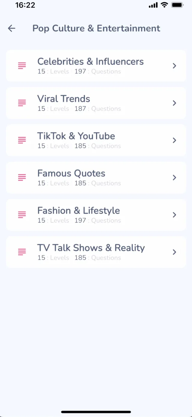 Brainiac Pop Culture and Entertainment category detail, listing topic packs including Celebrities and Influencers, Viral Trends, TikTok and YouTube, and Famous Quotes, each with its level and question count