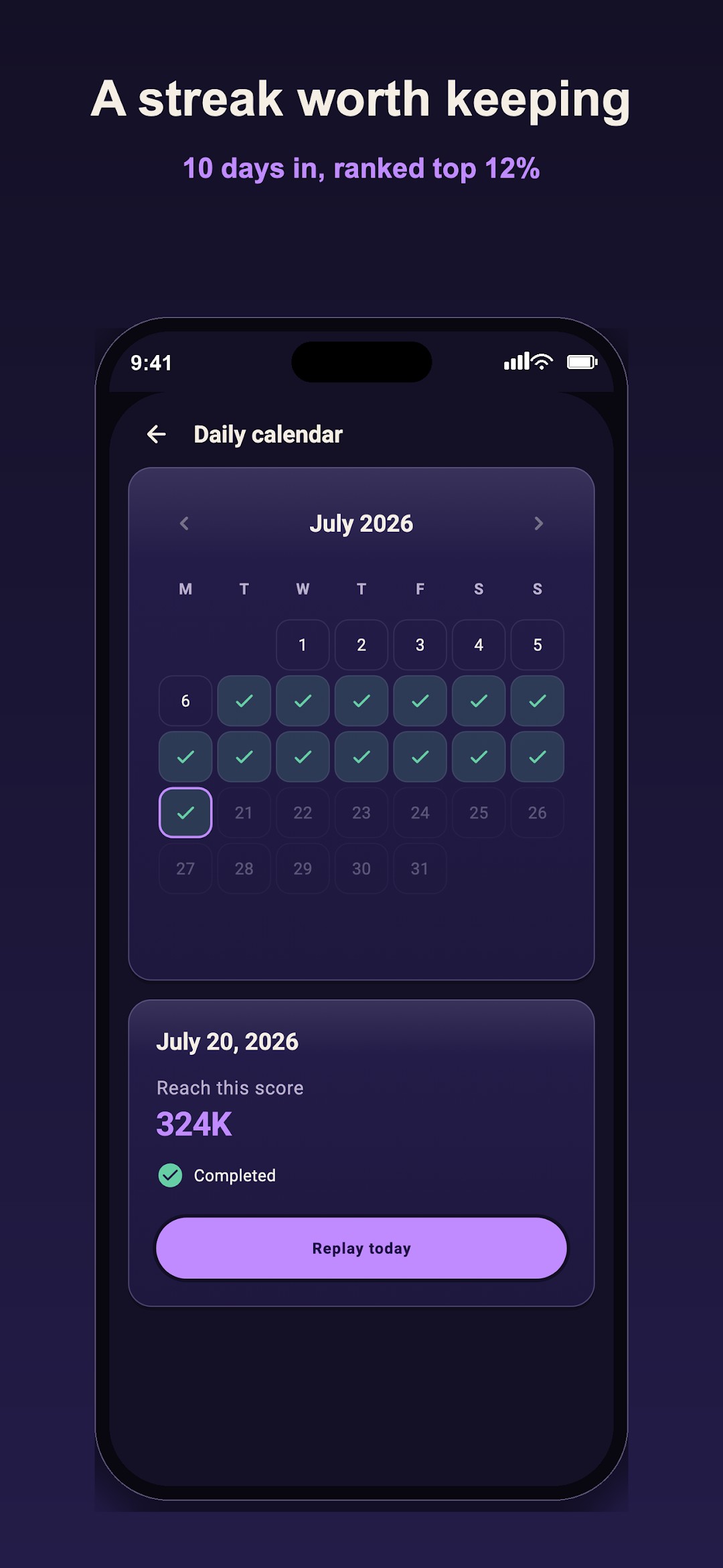 The streak calendar showing a run of solved days and a global rank
