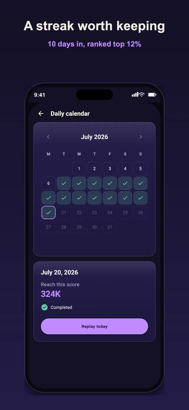 The streak calendar showing a run of solved days and a global rank