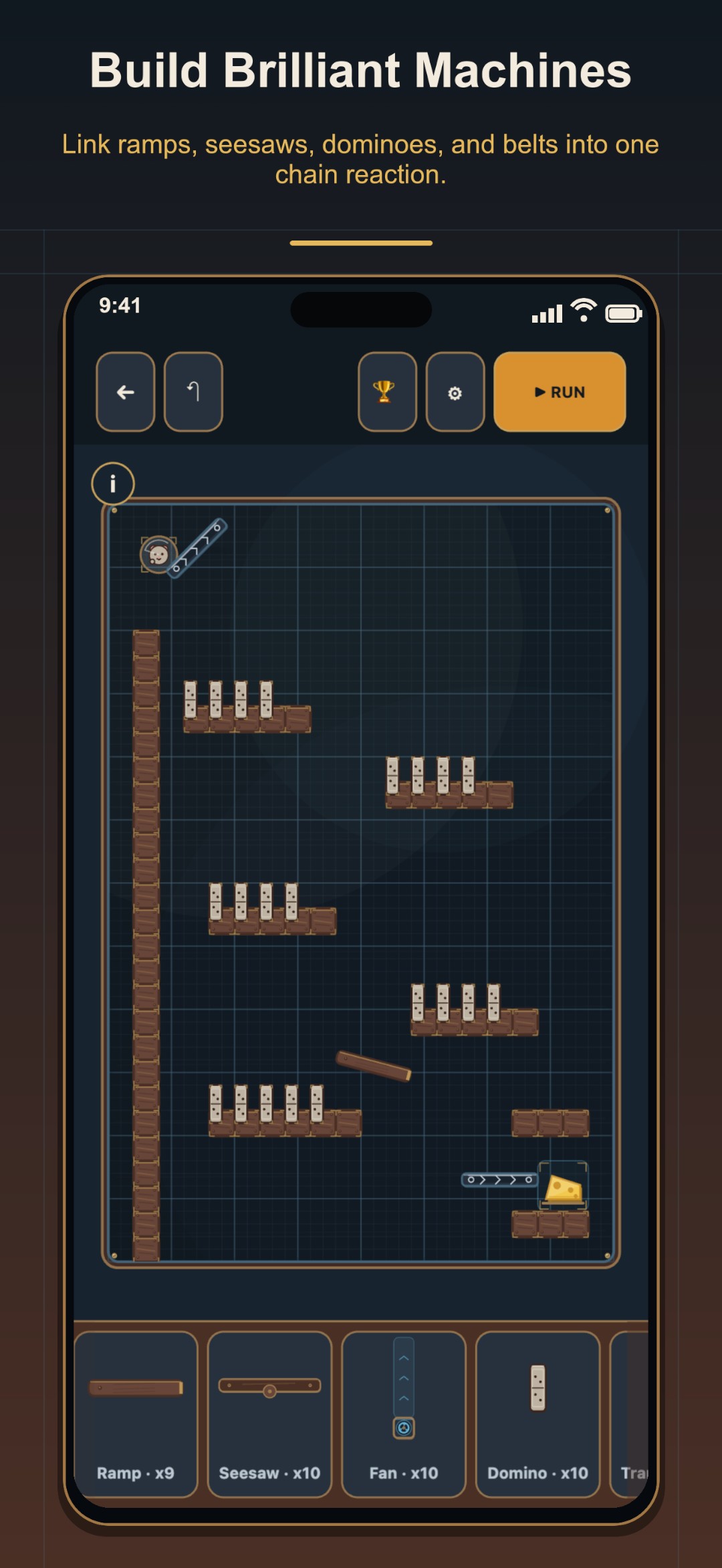 A contraption mid-build on the workshop grid, with the parts tray along the bottom