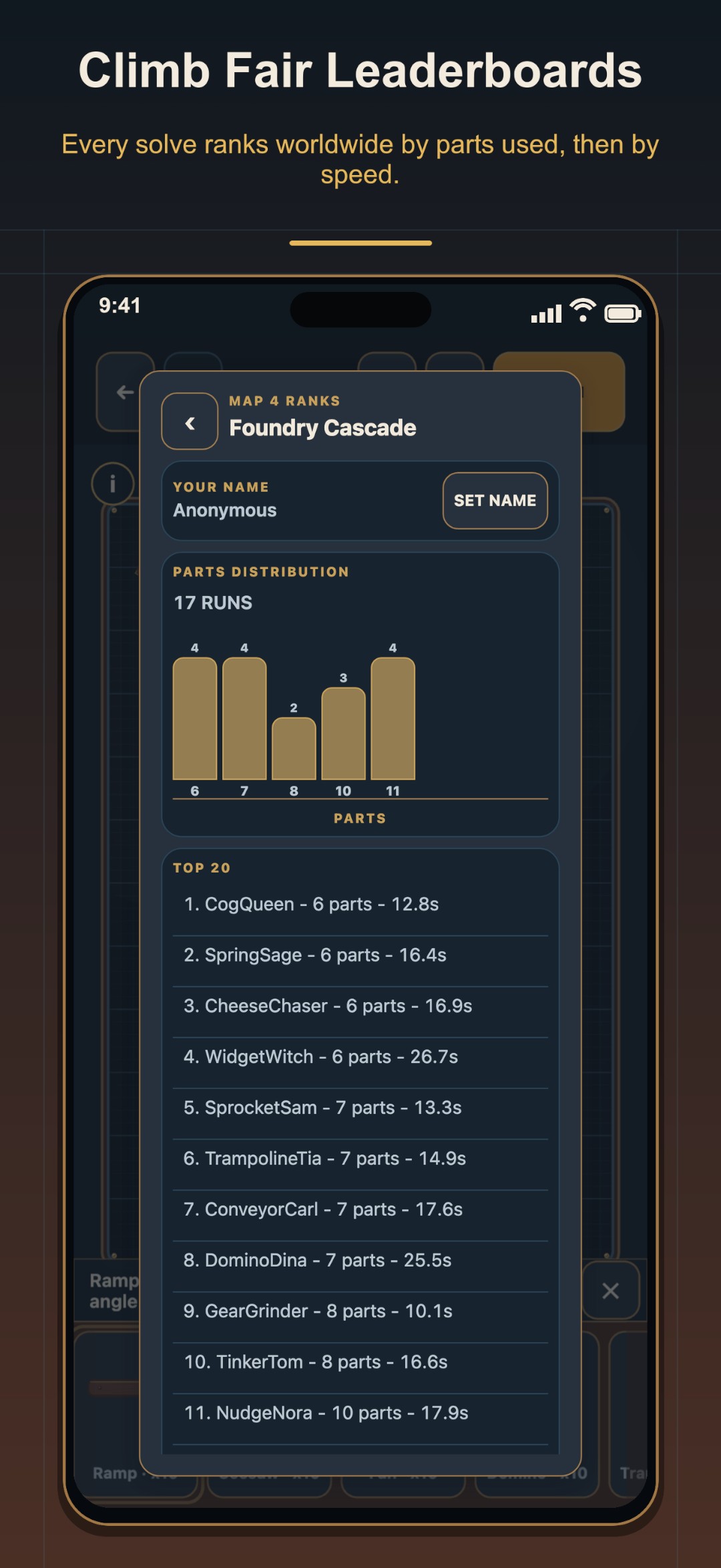 The leaderboard screen, ranked by parts used and then by time