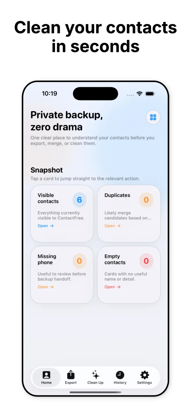 ContactFree home screen showing a snapshot of visible contacts, duplicates, missing phone numbers, and empty contacts