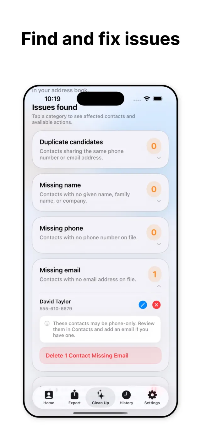 ContactFree Clean Up screen listing duplicate candidates, missing name, missing phone, and missing email issues with a delete action