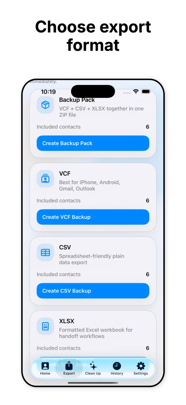 ContactFree Export screen with Backup Pack, VCF, and CSV format options, each showing the number of included contacts