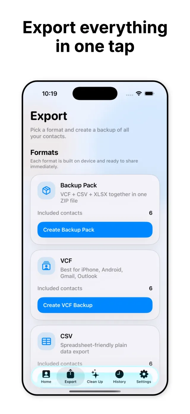 ContactFree Export screen scrolled to show Backup Pack, VCF, and CSV export buttons in full