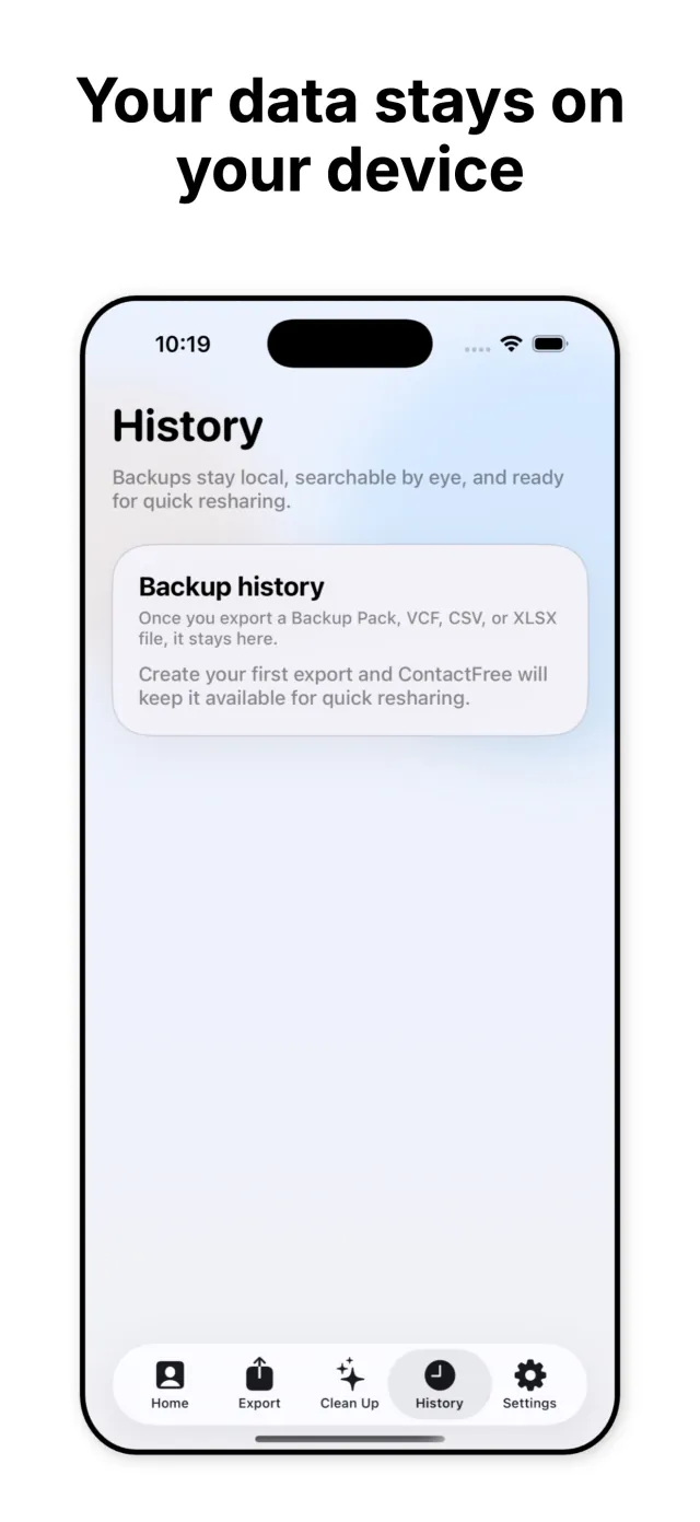 ContactFree History screen showing local backup history, empty until a first export is created