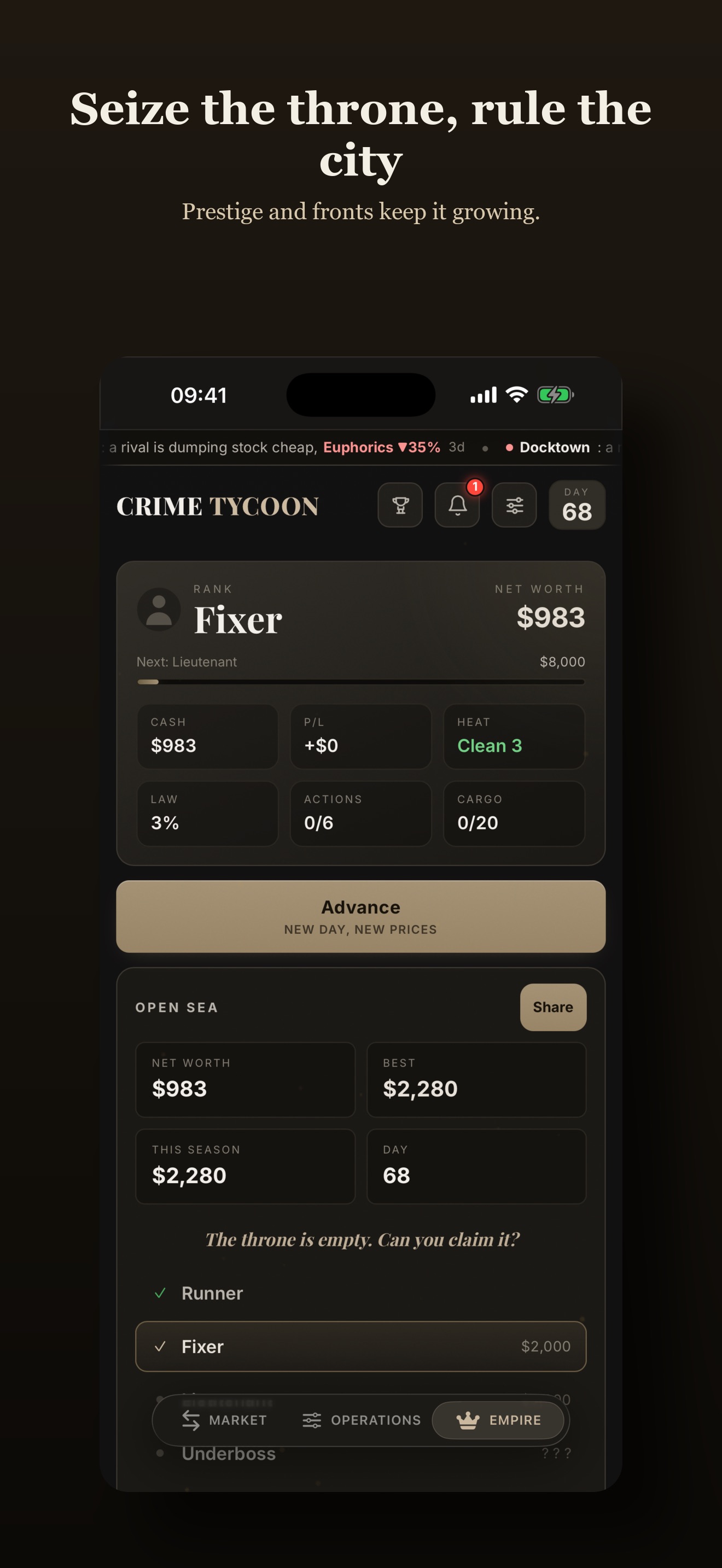 Crime Tycoon Empire tab: season net worth, best run, day count, and the rank ladder past Kingpin