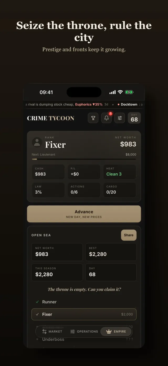 Crime Tycoon Empire tab: season net worth, best run, day count, and the rank ladder past Kingpin