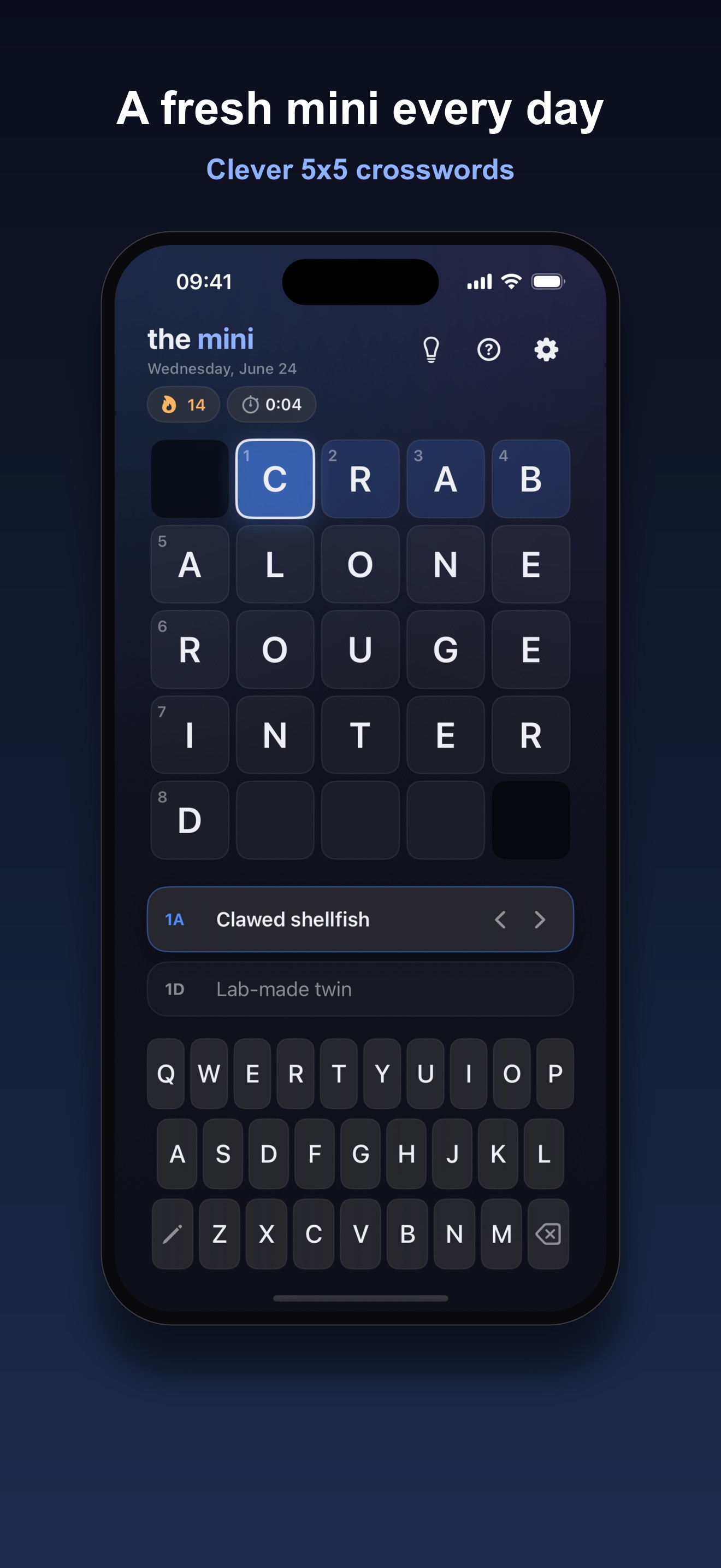 Crux dark theme mid solve on the 5x5 mini crossword, with the clue Clawed shellfish selected and a 14 day streak shown