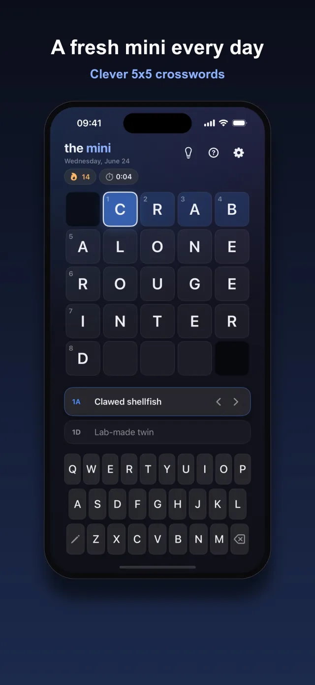 Crux dark theme mid solve on the 5x5 mini crossword, with the clue Clawed shellfish selected and a 14 day streak shown