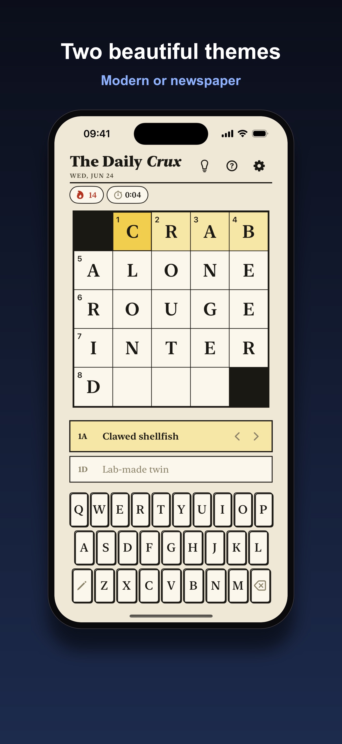 Crux newspaper theme showing the same 5x5 grid in a cream, classic crossword style