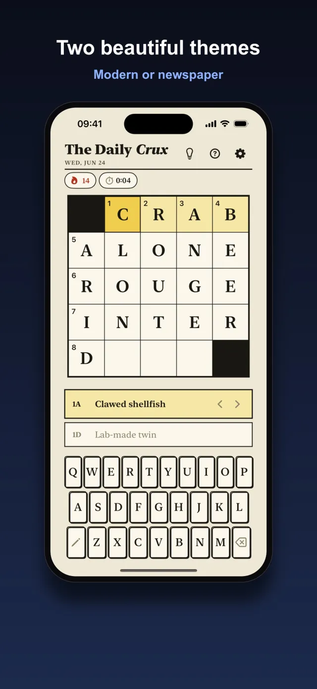 Crux newspaper theme showing the same 5x5 grid in a cream, classic crossword style