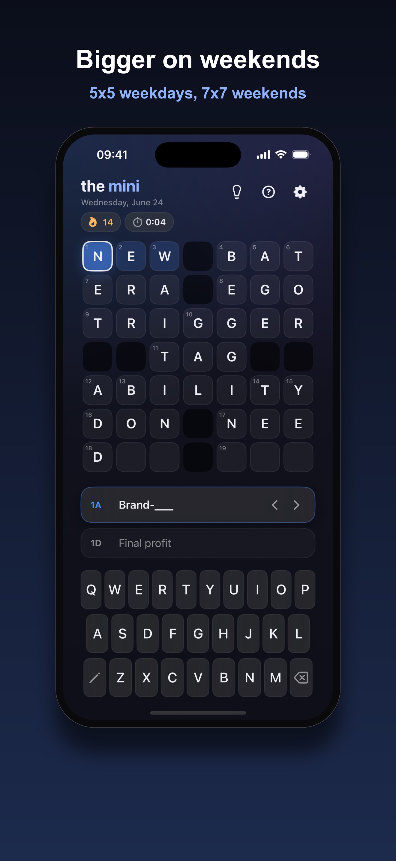 Crux dark theme weekend 7x7 crossword grid, larger than the weekday mini, with the clue Brand-blank selected