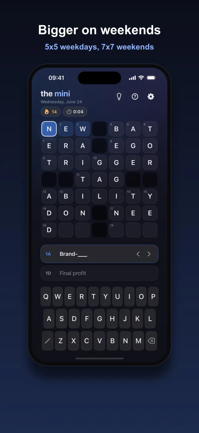 Crux dark theme weekend 7x7 crossword grid, larger than the weekday mini, with the clue Brand-blank selected