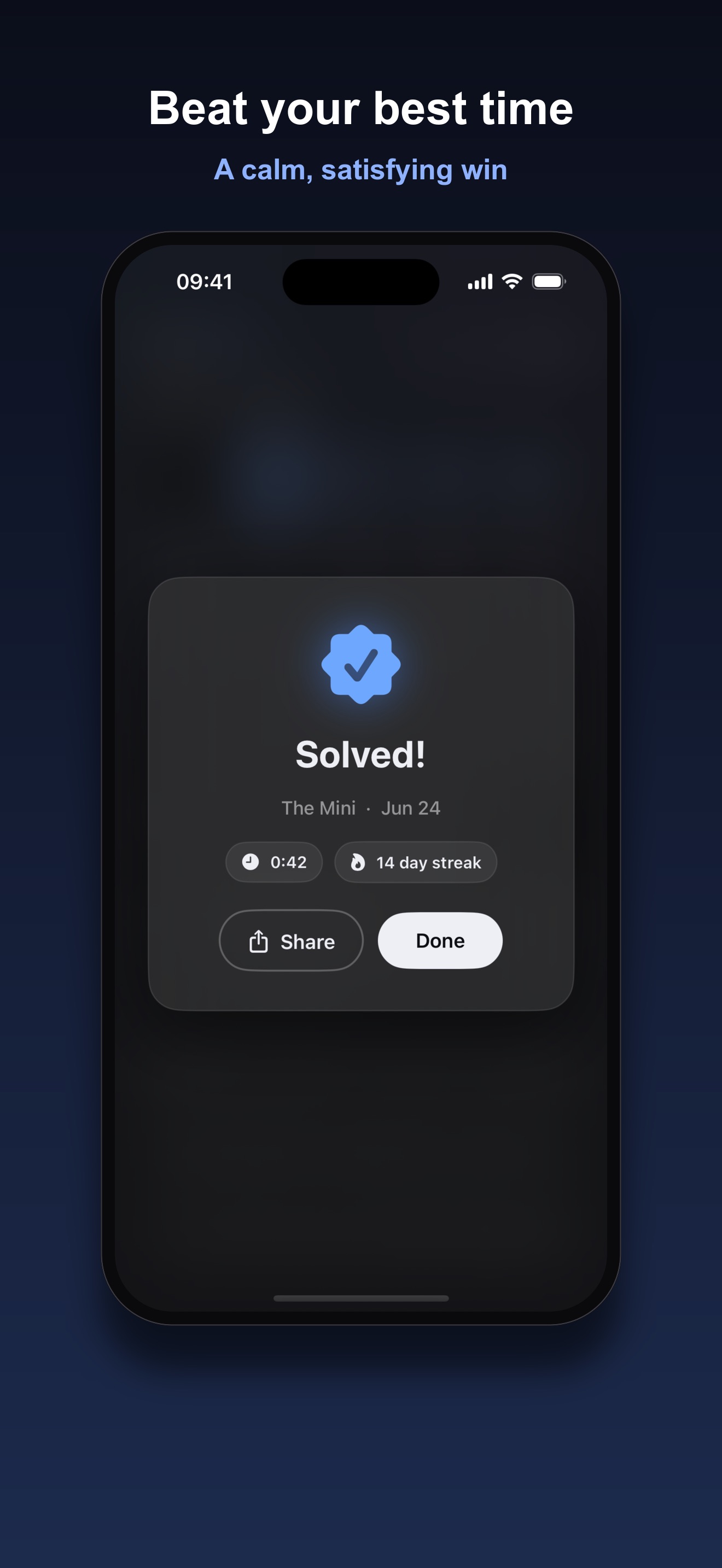 Crux Solved screen showing a completed time of 0:42, a 14 day streak, and Share and Done buttons