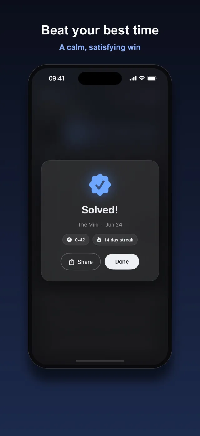 Crux Solved screen showing a completed time of 0:42, a 14 day streak, and Share and Done buttons