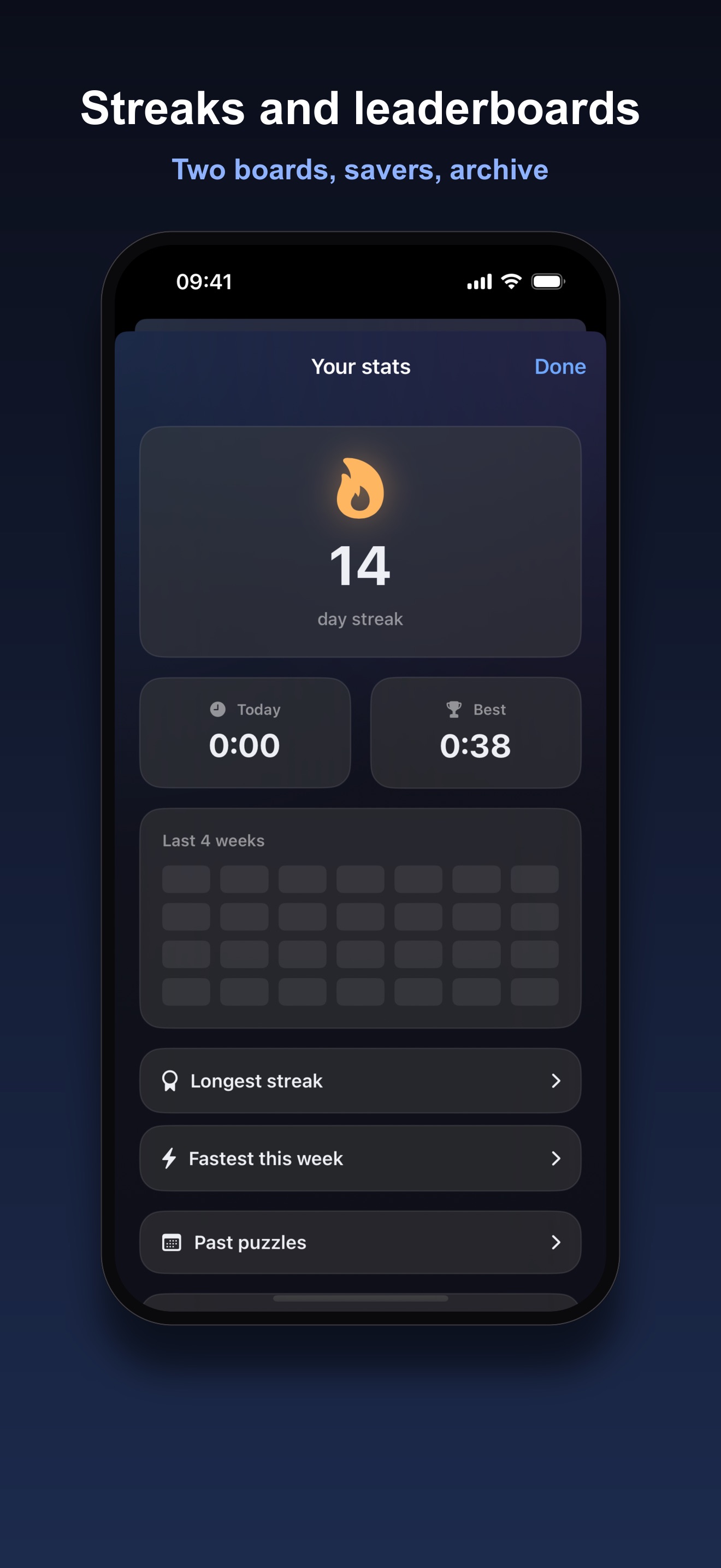 Crux stats screen with a 14 day streak, today's and best times, a four week streak calendar, and links to longest streak, fastest this week, and past puzzles