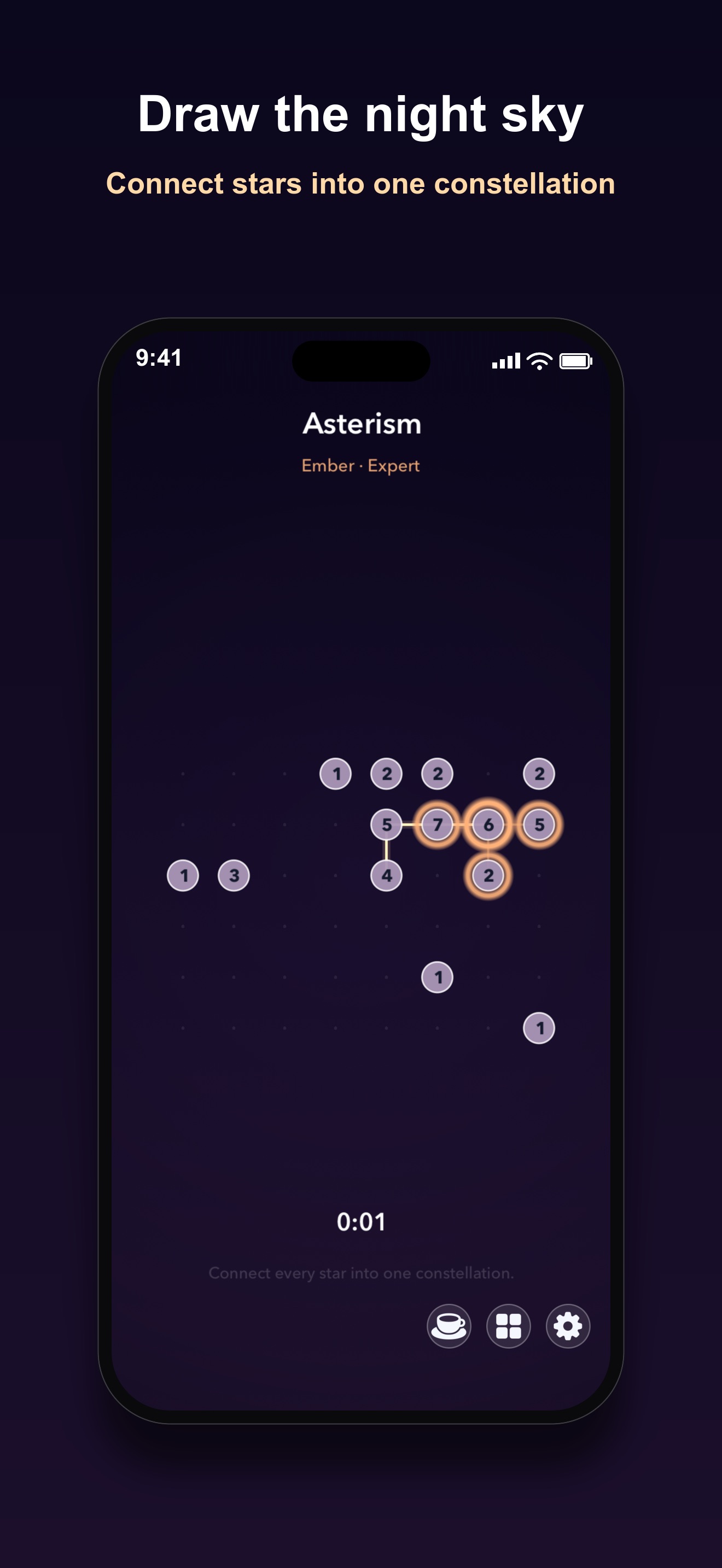 Asterism puzzle screen, numbered stars on a dark sky with a partial constellation drawn between them, titled Draw the night sky