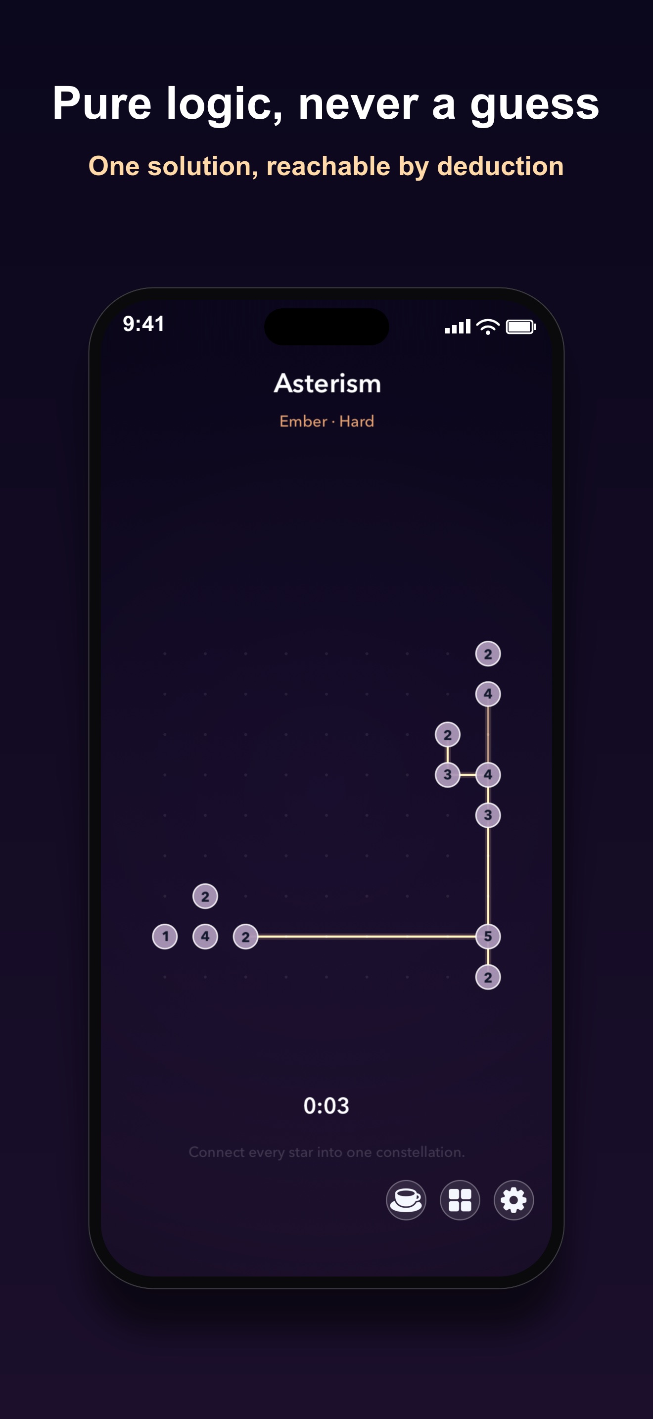 Asterism puzzle screen, numbered stars connected by light bridge lines into an L shaped constellation, titled Pure logic, never a guess