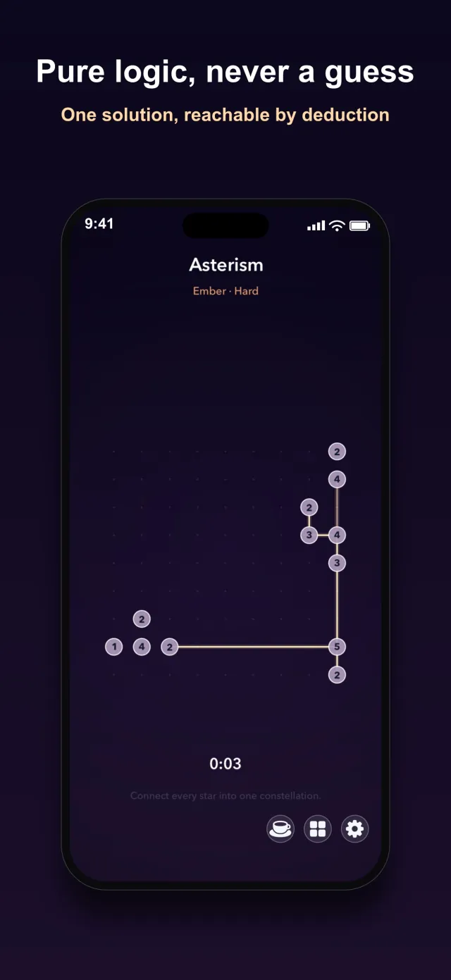 Asterism puzzle screen, numbered stars connected by light bridge lines into an L shaped constellation, titled Pure logic, never a guess