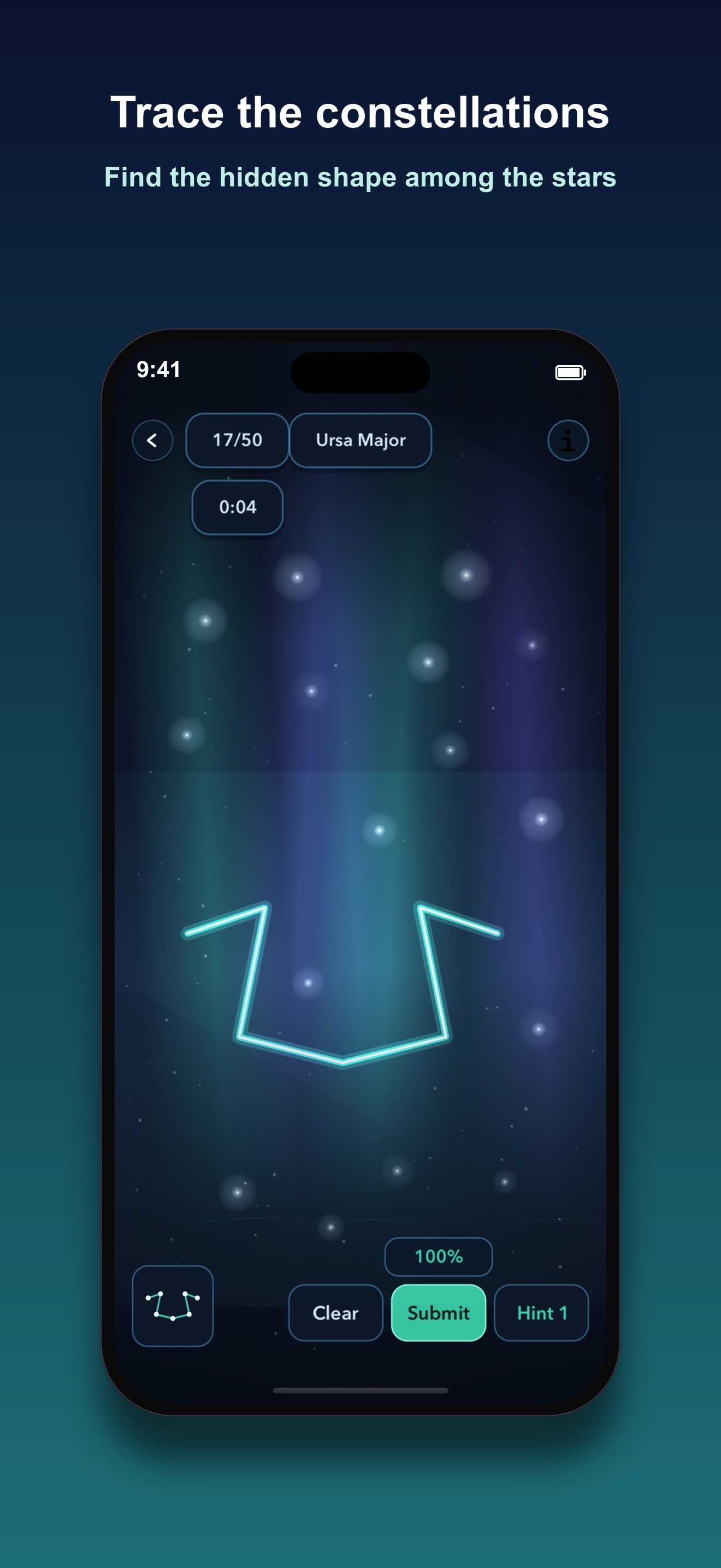 Aurora puzzle screen tracing the Ursa Major constellation in teal at 100 percent accuracy against a starfield, titled Trace the constellations
