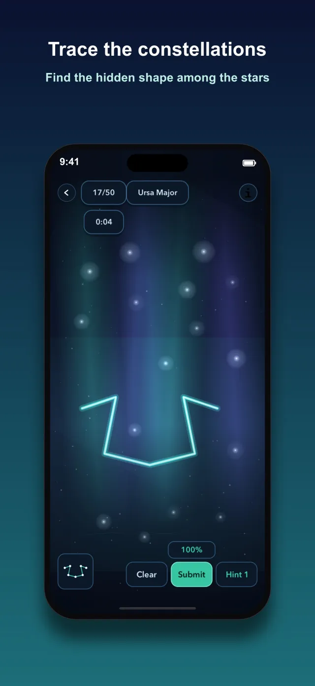 Aurora puzzle screen tracing the Ursa Major constellation in teal at 100 percent accuracy against a starfield, titled Trace the constellations