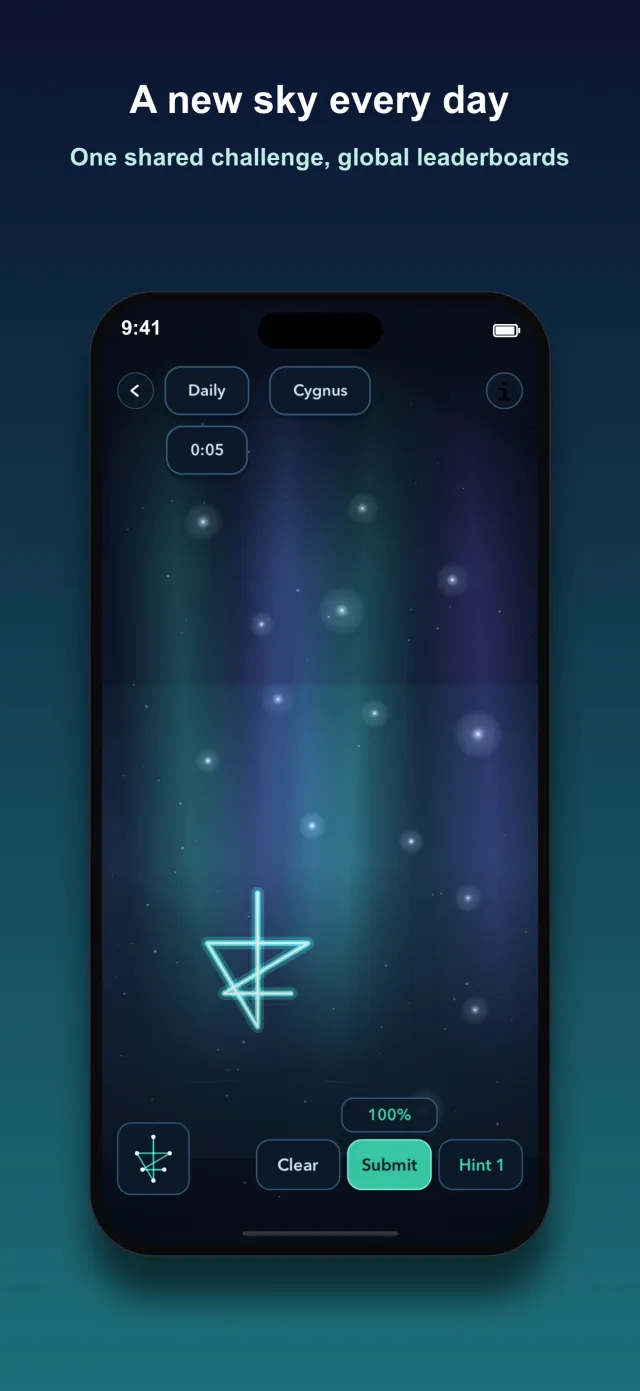 Aurora puzzle screen tracing the Daily Cygnus constellation in teal at 100 percent accuracy, titled A new sky every day