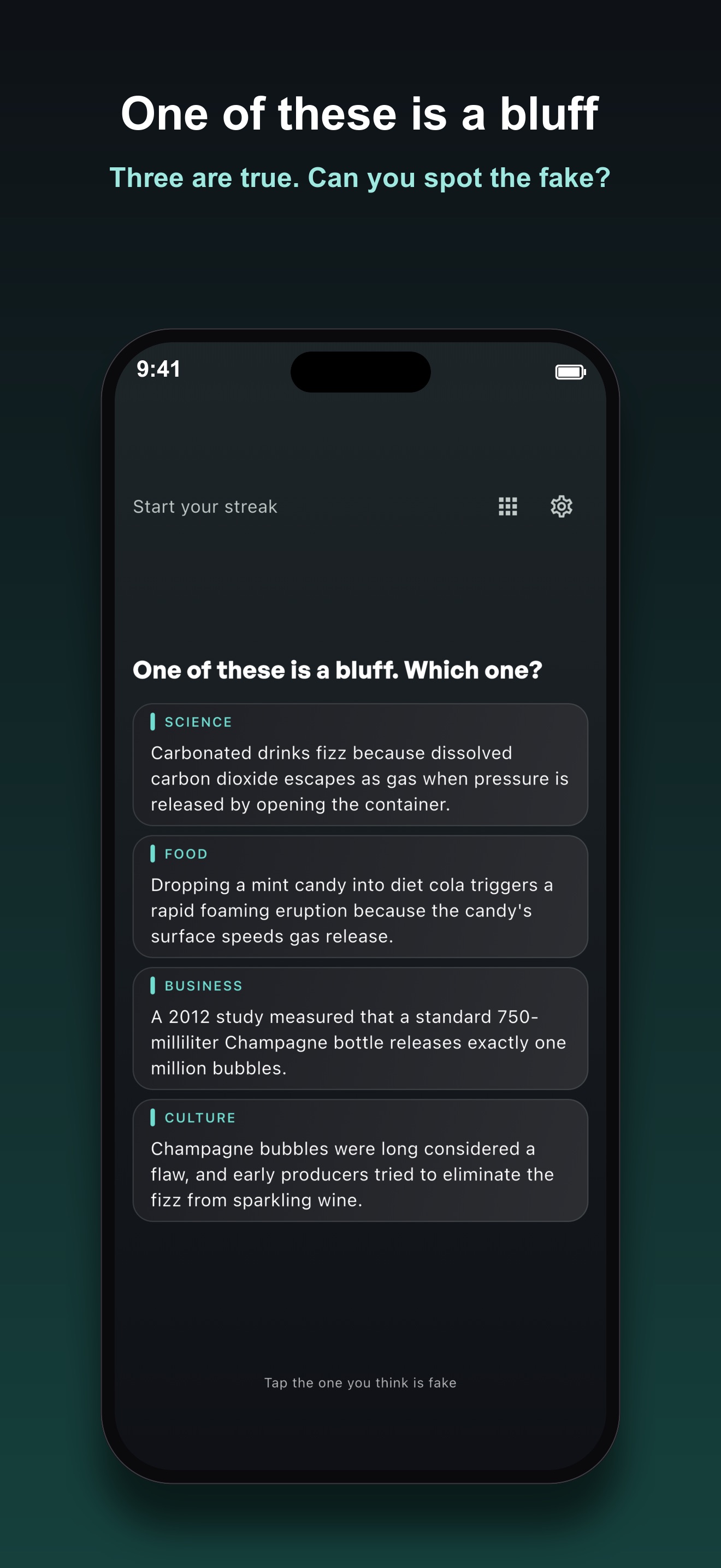 Bluff daily round screen with four statements about Champagne bubbles under Science, Food, Business, and Culture, asking which one is a bluff