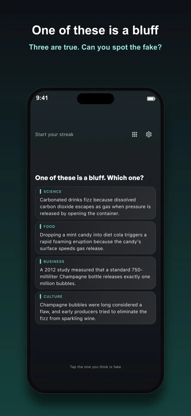 Bluff daily round screen with four statements about Champagne bubbles under Science, Food, Business, and Culture, asking which one is a bluff