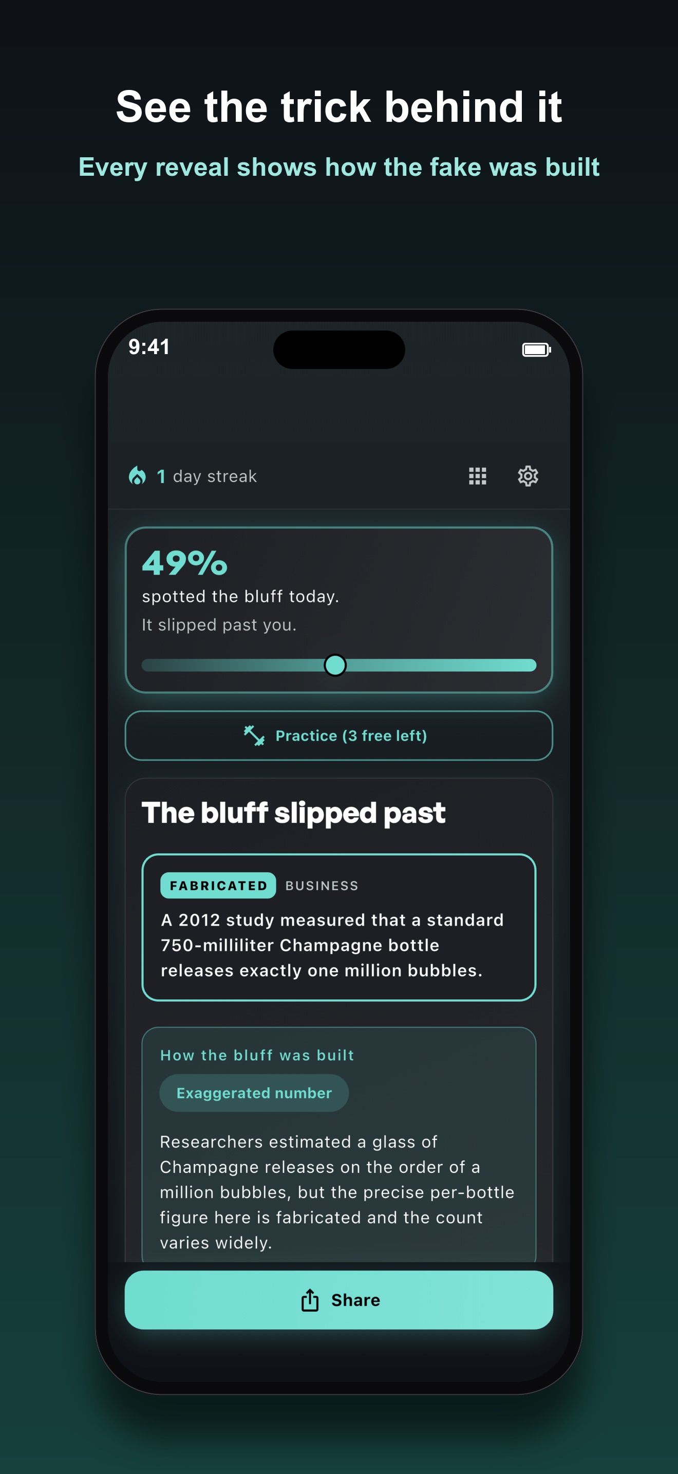 Bluff results screen showing 49 percent of players spotted the bluff and revealing the fabricated Business statement, titled See the trick behind it