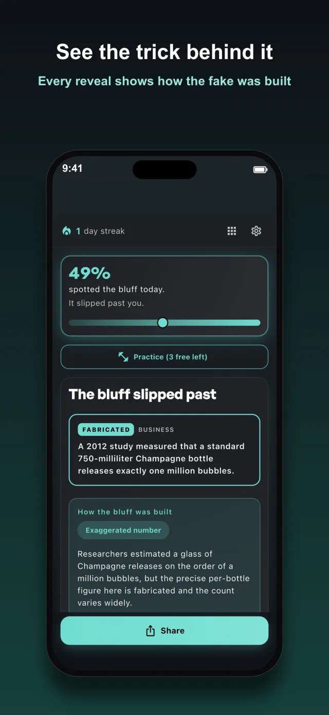 Bluff results screen showing 49 percent of players spotted the bluff and revealing the fabricated Business statement, titled See the trick behind it