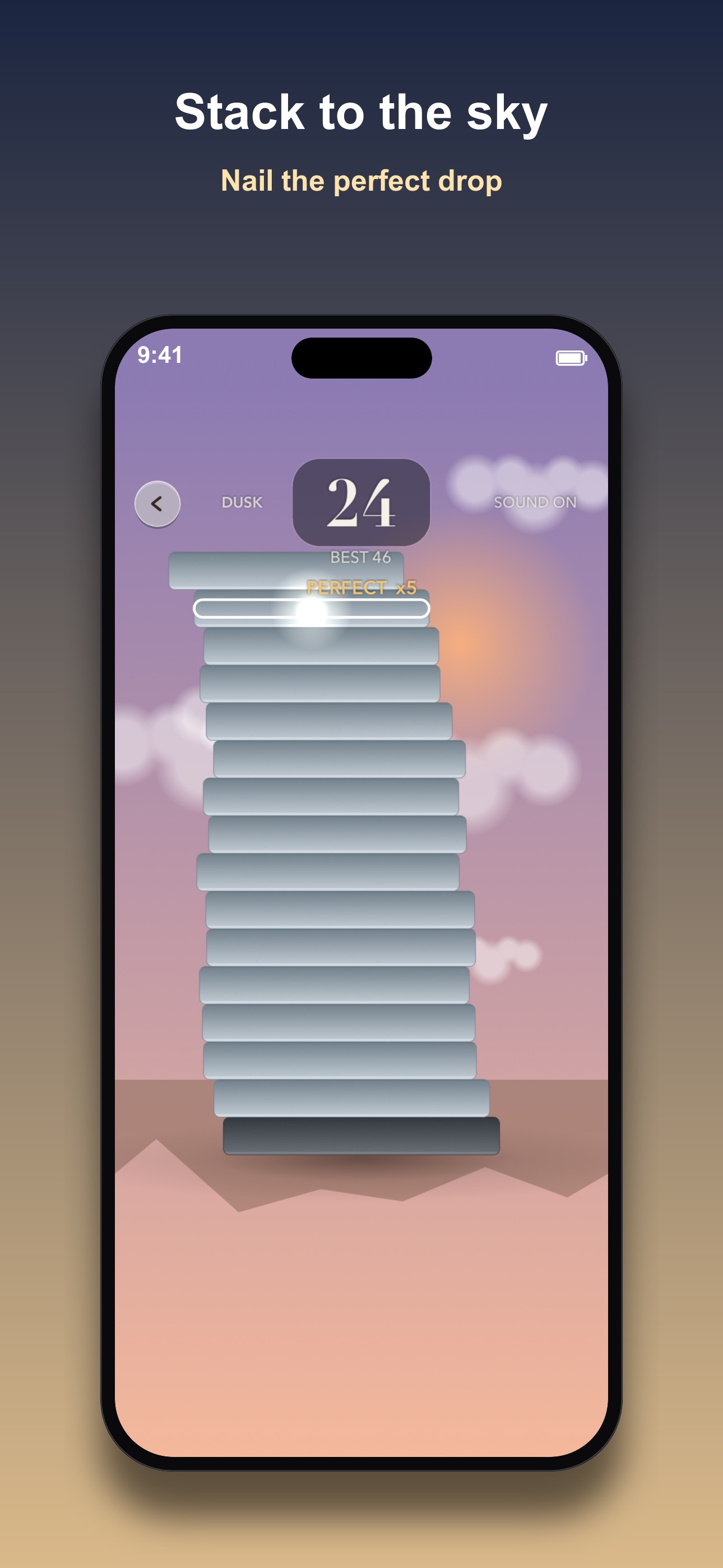 Cairn gameplay screen, a tall tower of stacked stone slabs at dusk with a perfect streak of 5, titled Stack to the sky