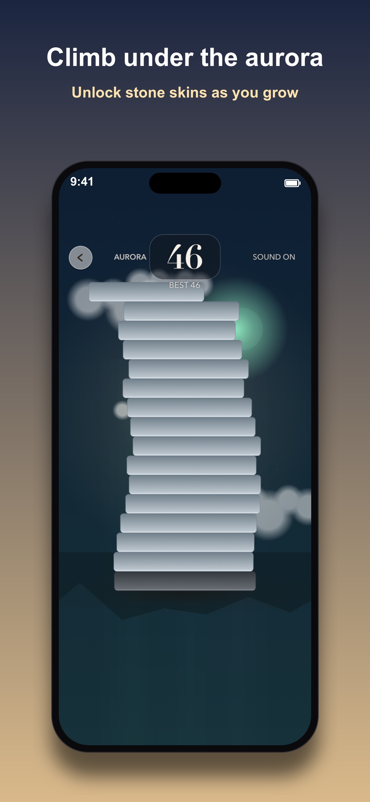 Cairn gameplay screen, a tall stacked tower at night under a green aurora glow, titled Climb under the aurora