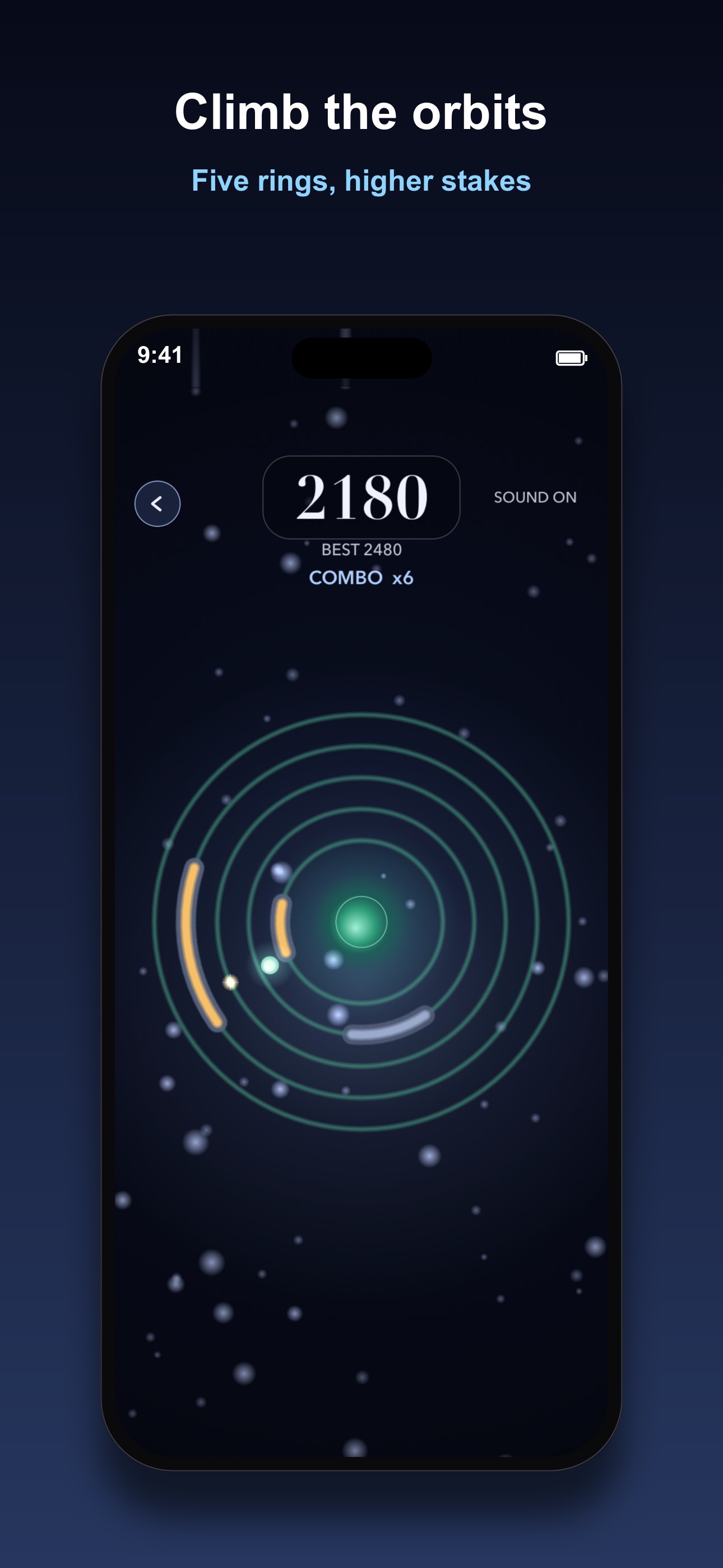 Drift Moon gameplay screen, a glowing moon orbiting among five rings with drifting debris arcs, titled Climb the orbits