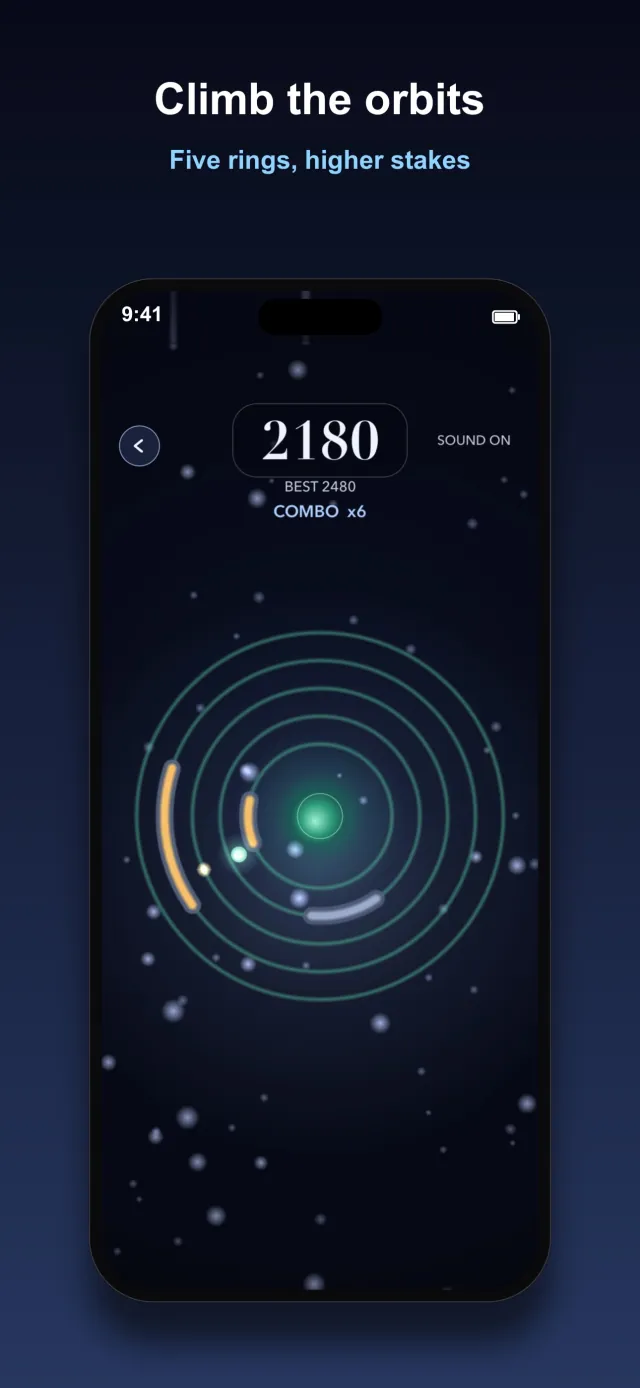 Drift Moon gameplay screen, a glowing moon orbiting among five rings with drifting debris arcs, titled Climb the orbits